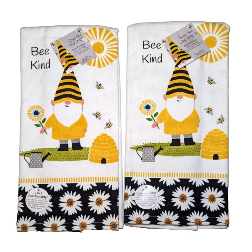 BEE KIND Kitchen Towels 2-pc Honeybee Gnome & Daisy Kay Dee Designs Gift